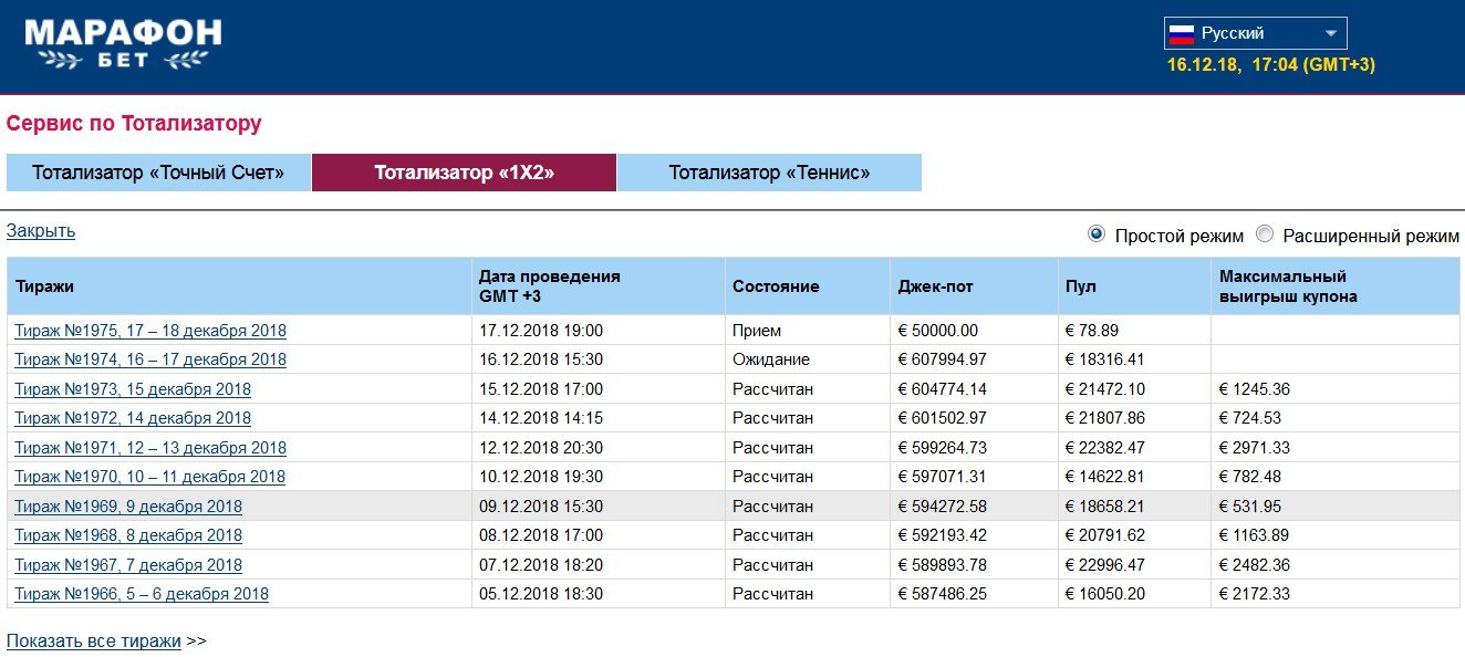 Прошедшие тиражи Тотализатора 1х2 в разделе 